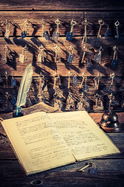 Old front desk in hotel with guestbook and keys for rooms — Stock Photo, Image