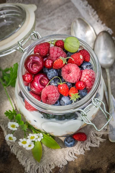 Muesli saboroso com flores e frutas — Fotografia de Stock