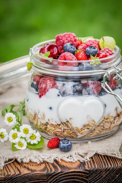 Fresh berry fruits and yogurt with granola — Stock Photo, Image