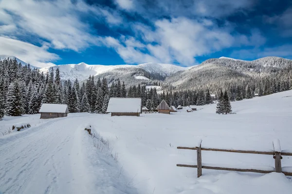 Wooden cottages in the valley Chocholowska at sunrise in winter, Tatra Mountains, Poland — Stock Photo, Image