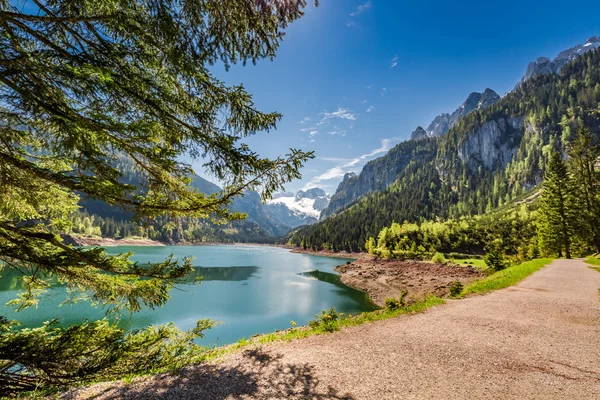 Alvorada ensolarada no lago de montanha em Gosau, Alpes, Áustria — Fotografia de Stock