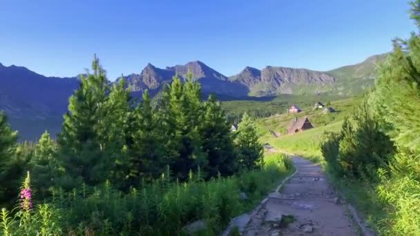 Bergpfad führt zu einem kleinen Dorf — Stockvideo