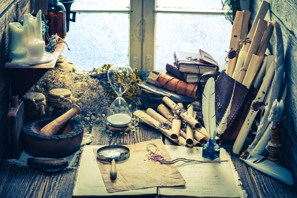 Magical witch library full of scrolls and recipe — Stock Photo, Image