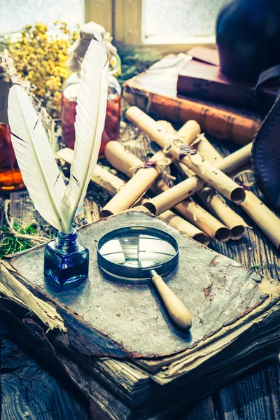 Labolatório único bruxo com pergaminhos e ingredientes — Fotografia de Stock