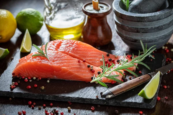 Tasty Raw Salmon Herbs Lime Stone Slate — Stock Photo, Image