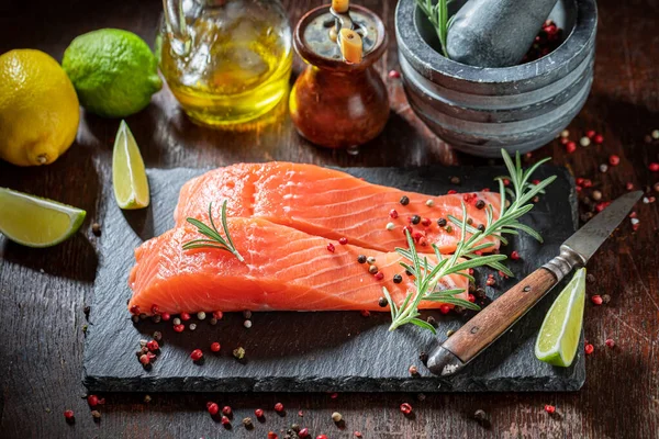 Fresh Raw Salmon Oil Spices Stone Slate — Stock Photo, Image