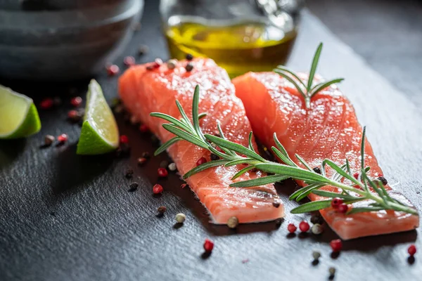 Healthy Raw Salmon Oil Spices Stone Slate — Stock Photo, Image