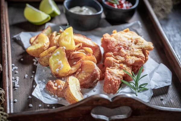 Homemade Fish Chips White Paper Wooden Table — Stock Photo, Image