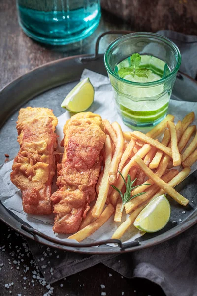 Delicious Fish Chips Served Sauces Lime Wooden Table — Stock Photo, Image