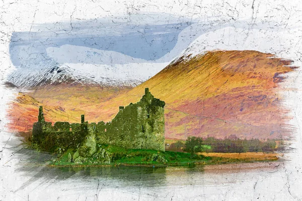 Kilchurn Slott Och Sjö Skottland Europa Akvarellmålning — Stockfoto