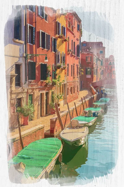 Акварельний Малюнок Кількох Човнів Каналі Венеції Італія — стокове фото