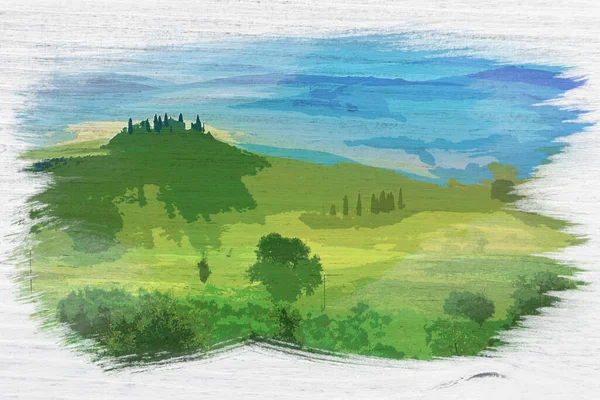 Malarstwo Akwarelowe Zielonych Pól Toskanii Wiosną Włochy — Zdjęcie stockowe