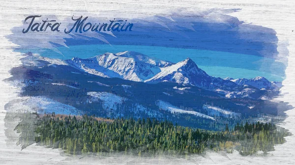 Blå Himmel Snöiga Berg Och Grön Skog Tatras Polen Akvarell — Stockfoto
