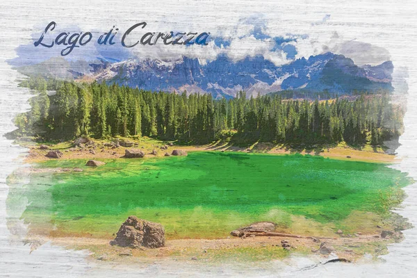 Carezza Lake Summer Dolomites Italy Europe Watercolor Painting — Stock Photo, Image