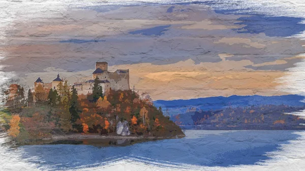 Niedzica Κάστρο Από Λίμνη Φθινόπωρο Πολωνία Ακουαρέλα Ζωγραφική — Φωτογραφία Αρχείου