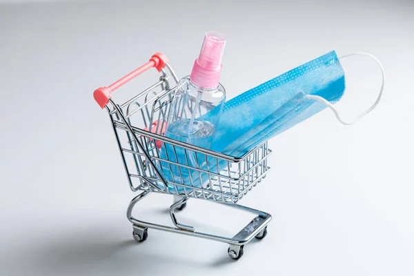 Medical Mask Shopping Cart Coronavirus Covid Pandemic White Background — Stock Photo, Image