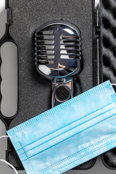 Music Business Coronavirus Restriction Microphone Blue Mask White Background — Stock Photo, Image