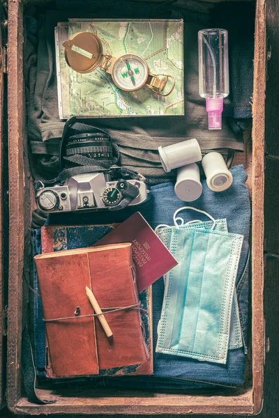 Full Suitcase Mask Travel Restrictions Pandemic Limitation Trip Preparation — Stock Photo, Image