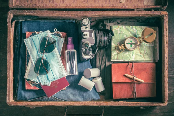 Disposable Mask Full Suitcase Limitation Traveling Coronavirus Restriction Trip Preparation — Stock Photo, Image