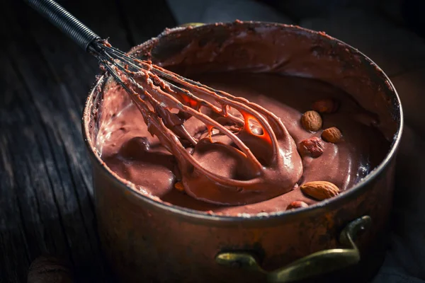 Closeup Delicious Homemade Chocolate Made Cocoa Nuts Old Wooden Table — Stock Photo, Image