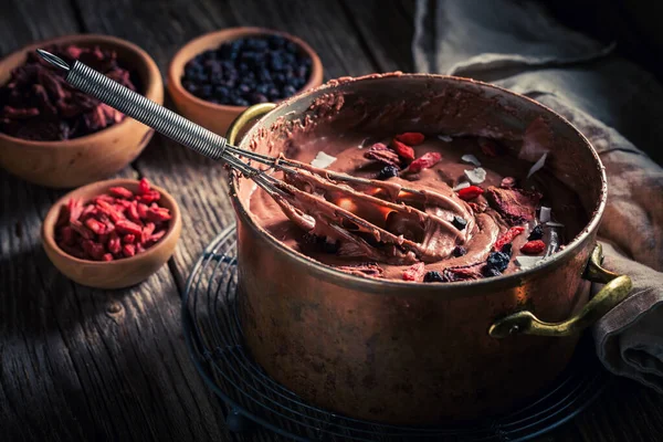 Delicious Homemade Chocolate Made Cocoa Various Dried Fruits Old Wooden — Stock Photo, Image