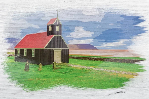 Watercolor Painting Small Church Sea Iceland Europe — Stock Photo, Image