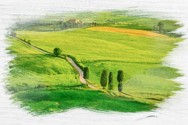 Dirty Road Green Field Tuscany Υδατογραφία Ιταλία — Φωτογραφία Αρχείου