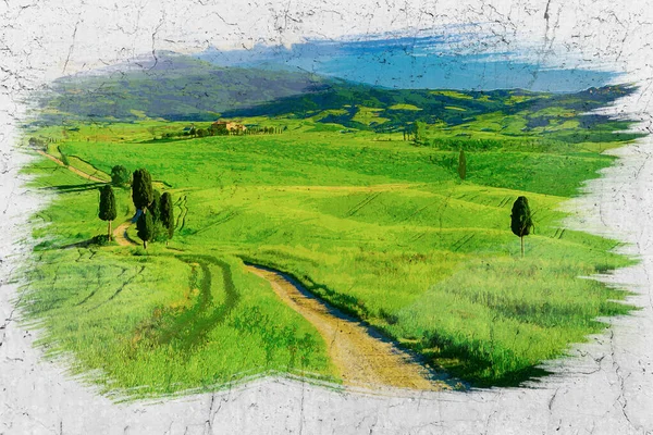 Υδατογραφία Του Πράσινου Τομέα Κοντά Στην Pienza Τοσκάνη Ιταλία Ευρώπη — Φωτογραφία Αρχείου