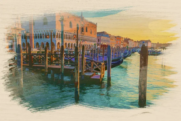 Grand Canal Gondoly Při Západu Slunce Benátky Itálie Akvarel — Stock fotografie