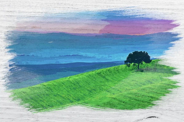 Zielone Pole Samotne Drzewo Toskanii Włochy Malarstwo Akwarelowe — Zdjęcie stockowe