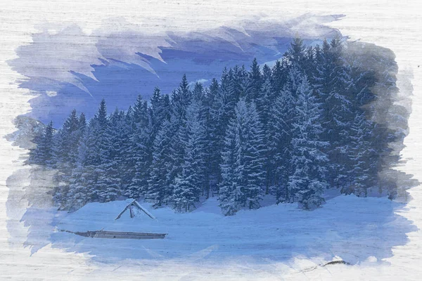 Domek Górski Zimowej Dolinie Malarstwo Akwarelowe — Zdjęcie stockowe