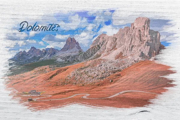 Akvarell Målning Passo Giau Och Averau Topp Dolomiter Italien — Stockfoto