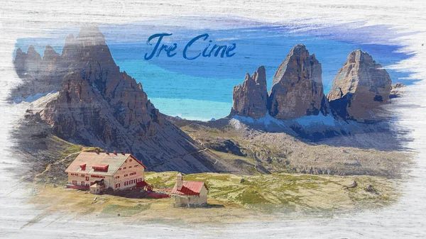 Tre Cime Och Dreizinnen Stuga Dolomiterna Italien Akvarellmålning — Stockfoto
