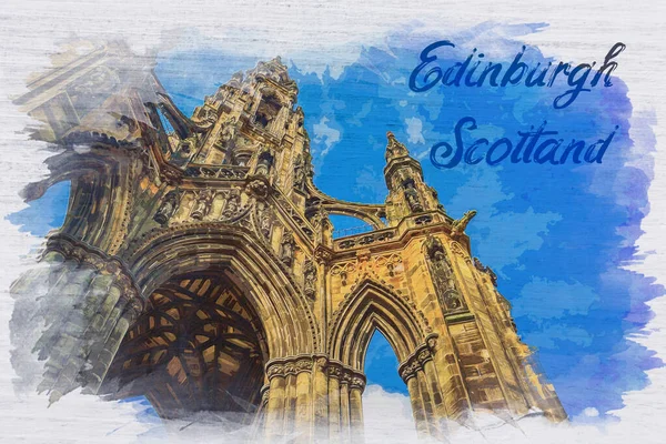 Scott Monument Edinburgh Skottland Akvarellmålning Europa — Stockfoto