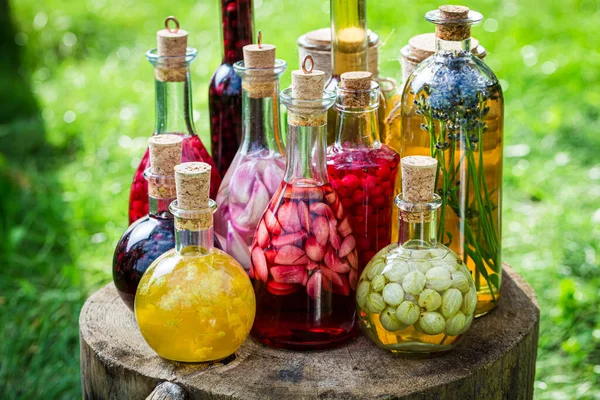 Verschiedene Gesunde Tinkturen Kleinen Fläschchen Aus Obst Sommergarten — Stockfoto