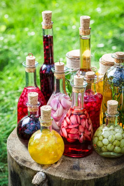 Dużo Małych Butelek Zdrowych Nalewek Owocowych Ogrodzie Letnim — Zdjęcie stockowe