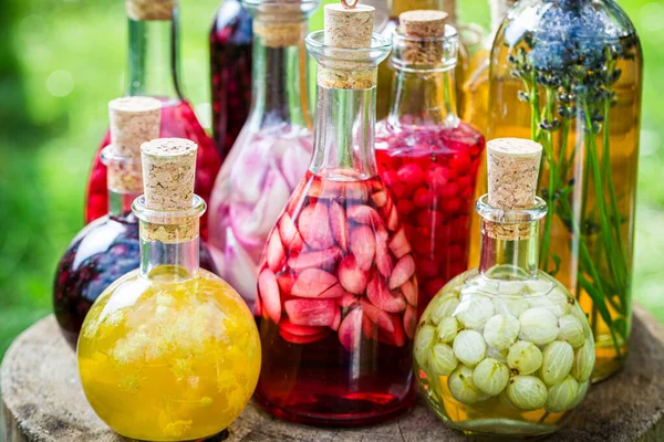 Μείγμα Γλυκών Βαφών Φρούτα Και Αλκοόλ Στον Καλοκαιρινό Κήπο — Φωτογραφία Αρχείου