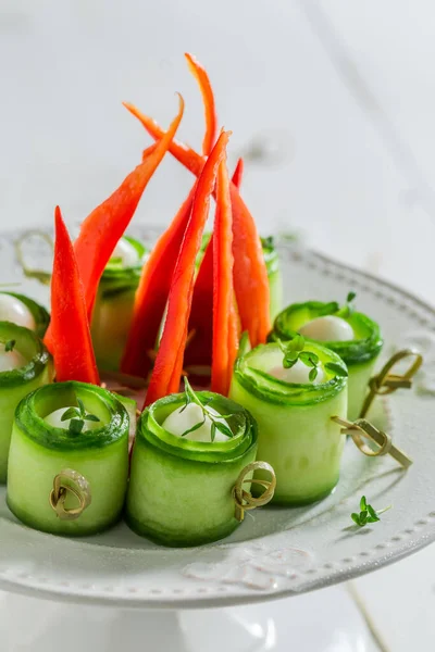 Homemade Unique Finger Food Fresh Vegetables Snack White Plate — Stock Photo, Image