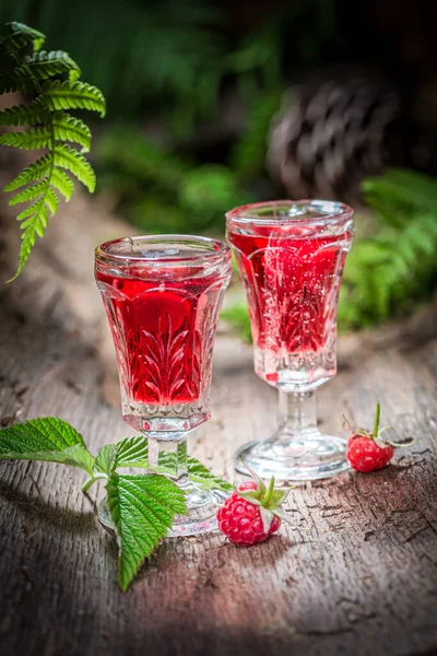 Teinture Framboises Fraîches Base Alcool Fruits Dans Vieux Tronc Arbre — Photo