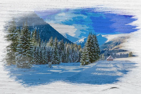 Χιονισμένο Δρόμο Στα Βουνά Tatra Πολωνία Ακουαρέλα Ζωγραφική — Φωτογραφία Αρχείου