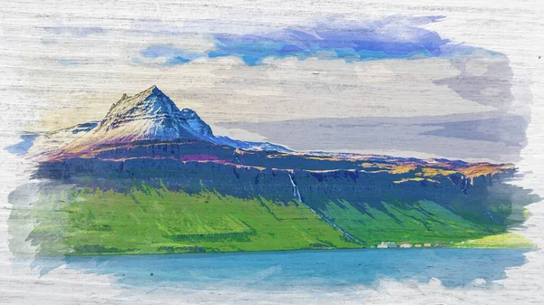 夏のフィヨルドの上の火山の山 アイスランド 水彩画 — ストック写真