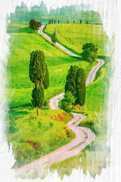 Πράσινο Πεδίο Και Βρώμικο Δρόμο Στην Τοσκάνη Ιταλία Ακουαρέλα Ζωγραφική — Φωτογραφία Αρχείου