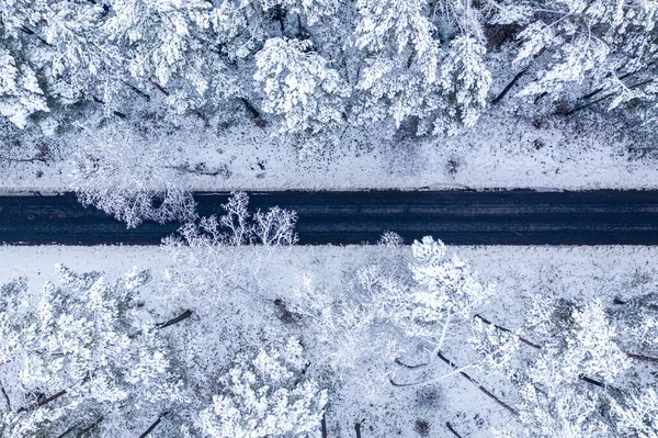 Κάτοψη Του Μαύρου Ασφαλτοστρωμένου Δρόμου Μέσα Από Χιονισμένο Δάσος Πολωνία — Φωτογραφία Αρχείου