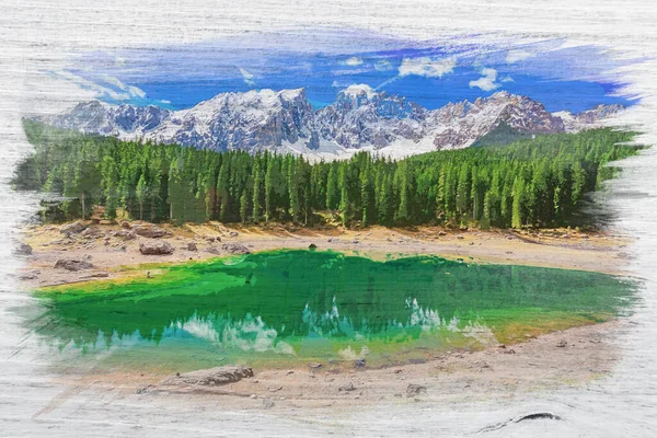 Turkusowe Jezioro Carezza Dolomitach Włochy Malarstwo Akwarelowe — Zdjęcie stockowe