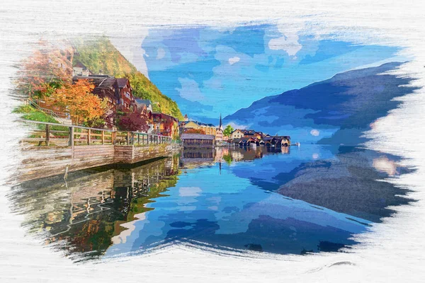 Sonbaharda Hallstatt Limanı Avusturya Avrupa Suluboya Resim — Stok fotoğraf