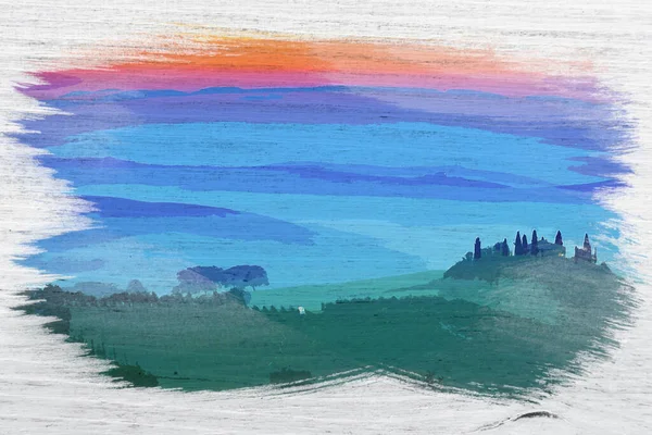 Soluppgång Över Grönt Fält Toscana Italien Akvarellmålning — Stockfoto