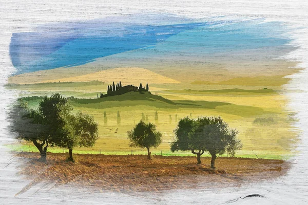 Pintura Acuarela Del Valle Verde Toscana Italia — Foto de Stock