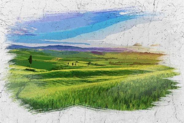 Watercolor Green Tuscany Field Summer Italy Europe — Stock Photo, Image