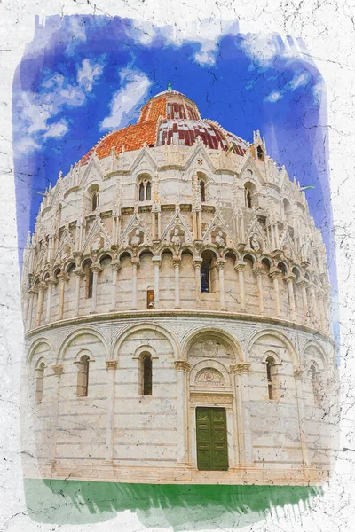 Forntida Och Marmor Baptistery Pisa Italien Akvarellmålning — Stockfoto