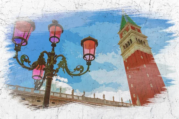 Klocktorn Markusplatsen Venedig Italien Akvarellmålning — Stockfoto